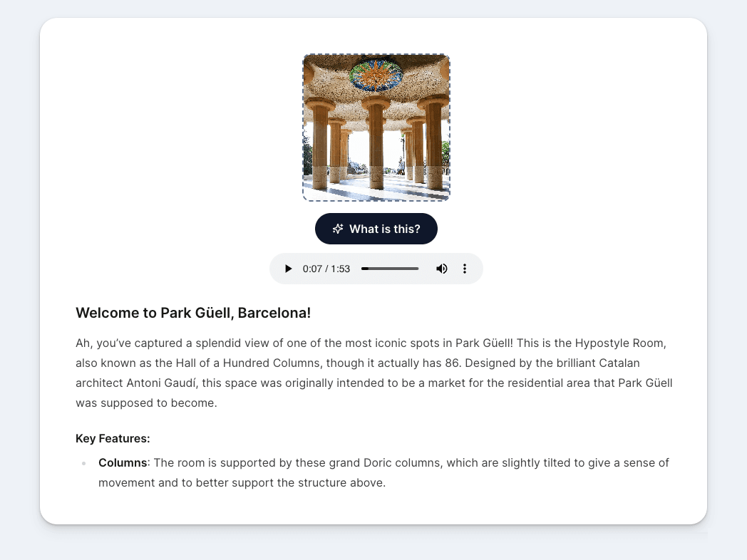 A screenshot of Freetour AI web explaining the Hypostyle Room of Park Güell as a tour guide